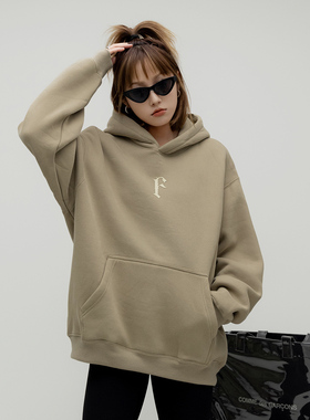 ONE PASS 380g重磅厚印字母连帽加绒卫衣女春季情侣宽松休闲帽衫