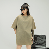 PASS 水洗做旧纯色圆领短袖 T恤女2024夏季 ONE 新款 宽松情侣体恤