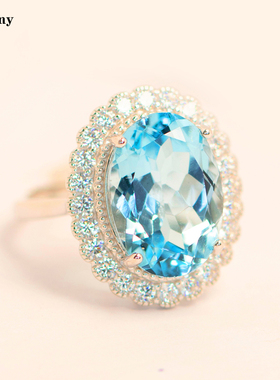9克拉天然海蓝宝石色托帕石戒指纯银镀金不过敏活口女送老婆礼物