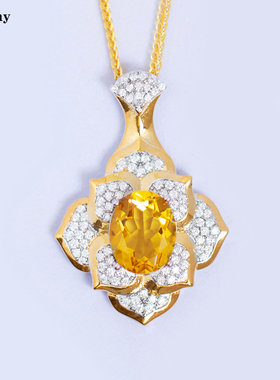 招财天然黄水晶项链S925纯银镀金黄色宝石吊坠送妈妈礼物富贵花开