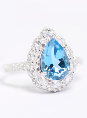 2克拉天然托帕石戒指S925纯银镀金水滴瑞士蓝色宝石戒子豪华丽女