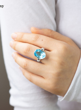 简约蓝钻戒指16克拉天然瑞士蓝托帕石纯银镀金不过敏指环活口简约