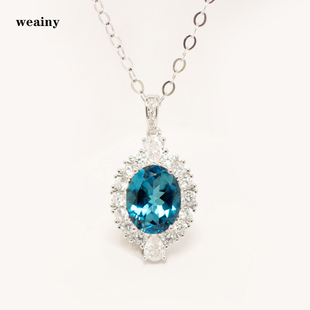 天然伦敦蓝托帕石项链S925纯银镀金不过敏吊坠简约蓝宝石色的坠子