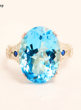 多巴胺撞色蓝钻戒指16克拉天然瑞士蓝托帕石纯银镀金指环活口简约