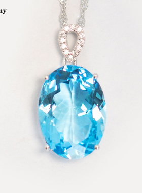 16克拉天然托帕石吊坠S925纯银镀金不过敏瑞士蓝项链简约项坠正品