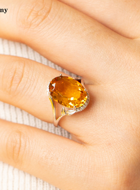 原创设计竹节招财天然黄水晶戒指925纯银镀金宝石指环活口简约女