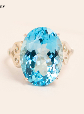 送妈妈礼物16克拉大戒指天然瑞士蓝托帕石纯银镀金指环活口不带钻