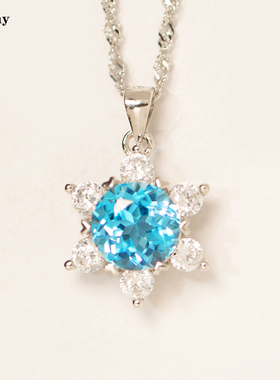 2克拉天然瑞士蓝色的托帕石五芒星吊坠纯银钻石切锁骨链学生礼物