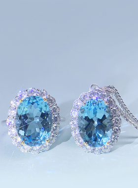 9克拉超大天然托帕石套装S925纯银吊坠瑞士蓝色宝石项链时尚戒指