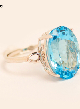 16克拉天然托帕石戒指瑞士蓝色宝石纯银不过敏活口女送老婆礼物