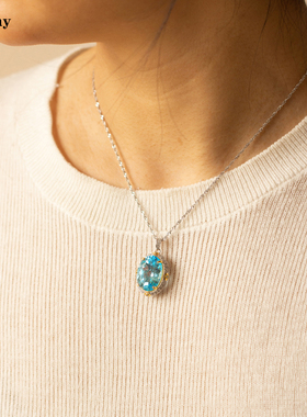 小众设计天然托帕石戒指项链套装16克拉瑞士蓝纯银镀金双色吊坠女