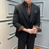 真袖叉双排扣条纹西装男套装商务结婚三件套藏青SJT2502-P280，男装西服套装，星座197