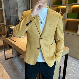高品质麂皮绒西装外套男修身高级感西服男绿色单西男XZ5533-P155