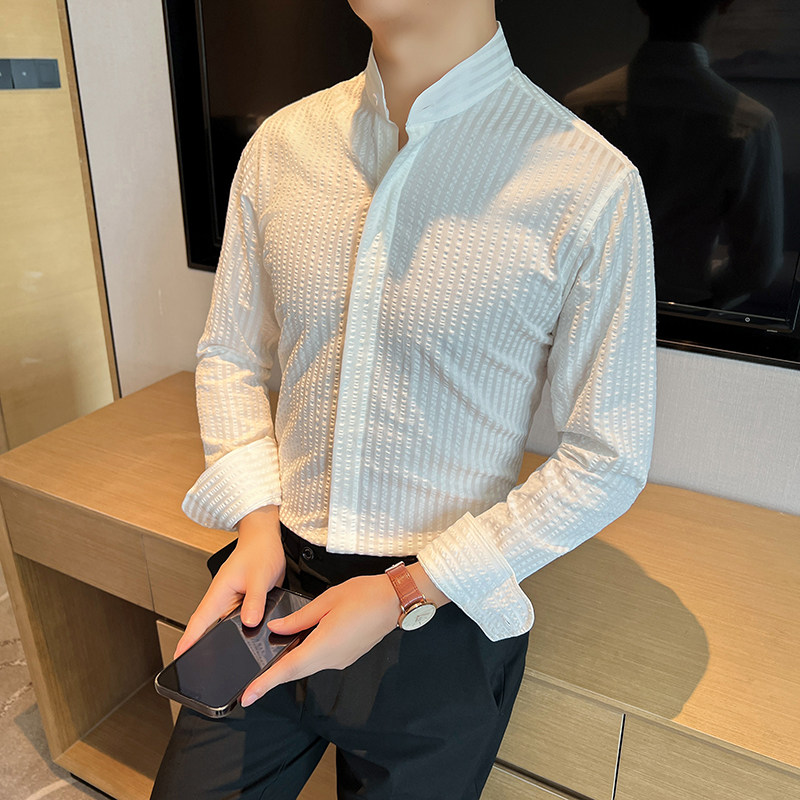 高品质潮流立领条纹衬衫男士长袖绿色新中式痞帅衬衣CS751-P78,男装衬衫,星座197