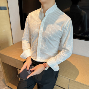 高品质 潮流立领条纹衬衫男士长袖绿色新中式痞帅衬衣CS751-P78图片