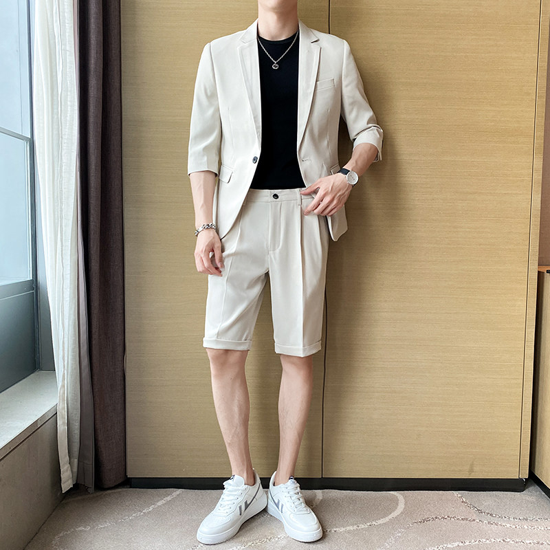 2024夏装质感松紧短裤西装潮七分袖黑色西服男套装LJT2204-P200,男装西服套装,星座197