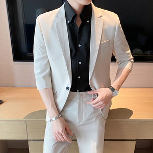 2025夏季男士韩版修身网红中袖西装套装短袖西服潮LJT2205-P205图片