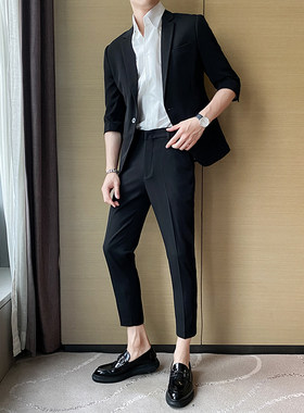 2026夏季男士韩版修身网红中袖西装套装短袖西服潮LJT2205-P205