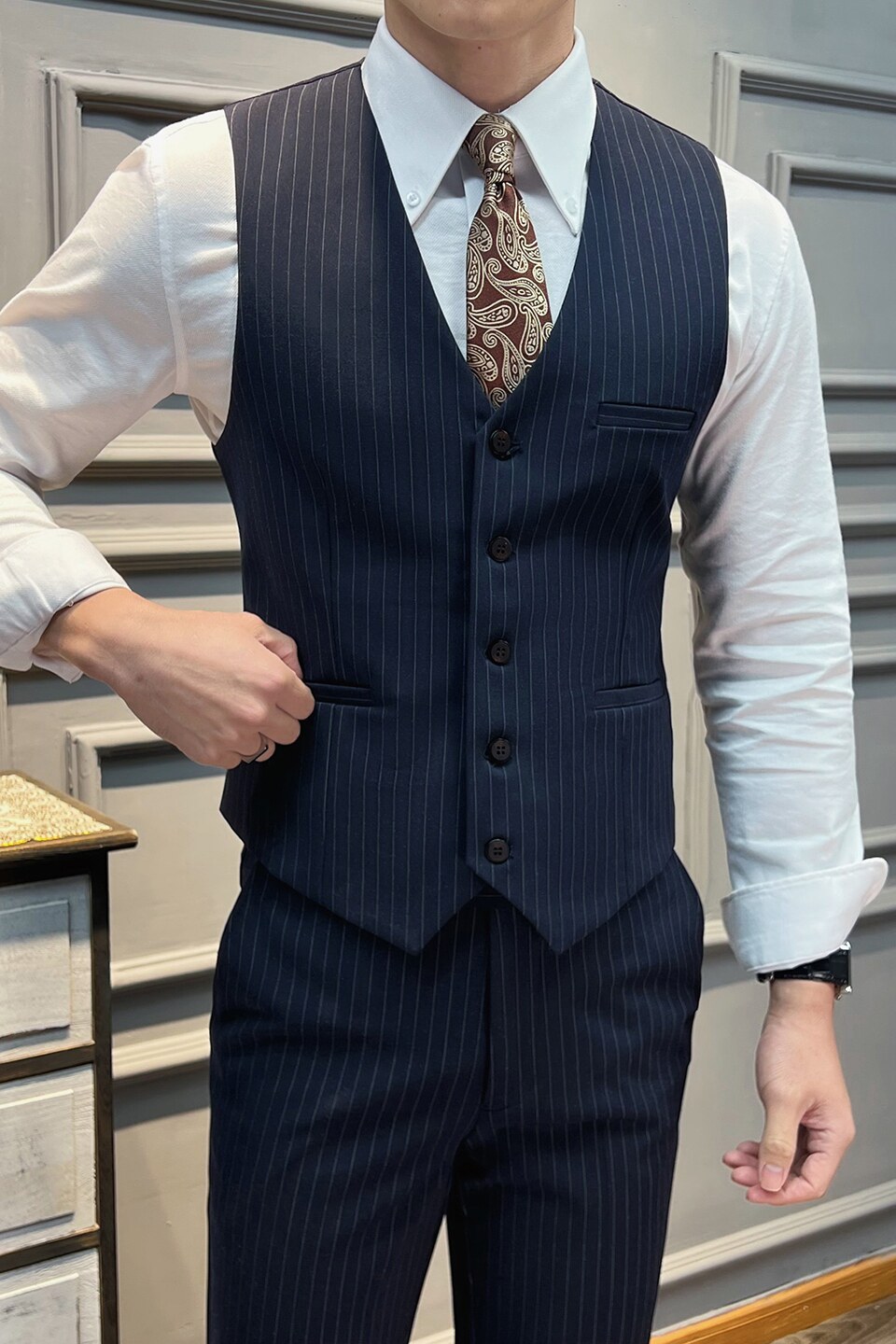 高品质条纹马甲男通勤职业婚礼马夹藏青色单件马甲MJ2501-P60,男装背心/马甲,星座197