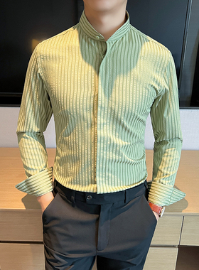 高品质 潮流立领条纹衬衫男士长袖绿色新中式痞帅衬衣CS751-P78