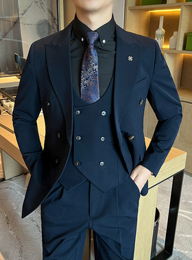 高品质   双排扣西装套装商务正装男三件套蓝色西服SJT5502-P285