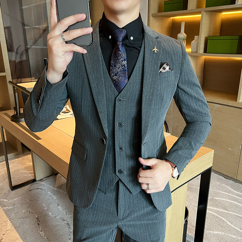 一粒扣西装男套装男士修身条纹西服正装新郎结婚礼服SJT6668-P265,男装西服套装,星座197