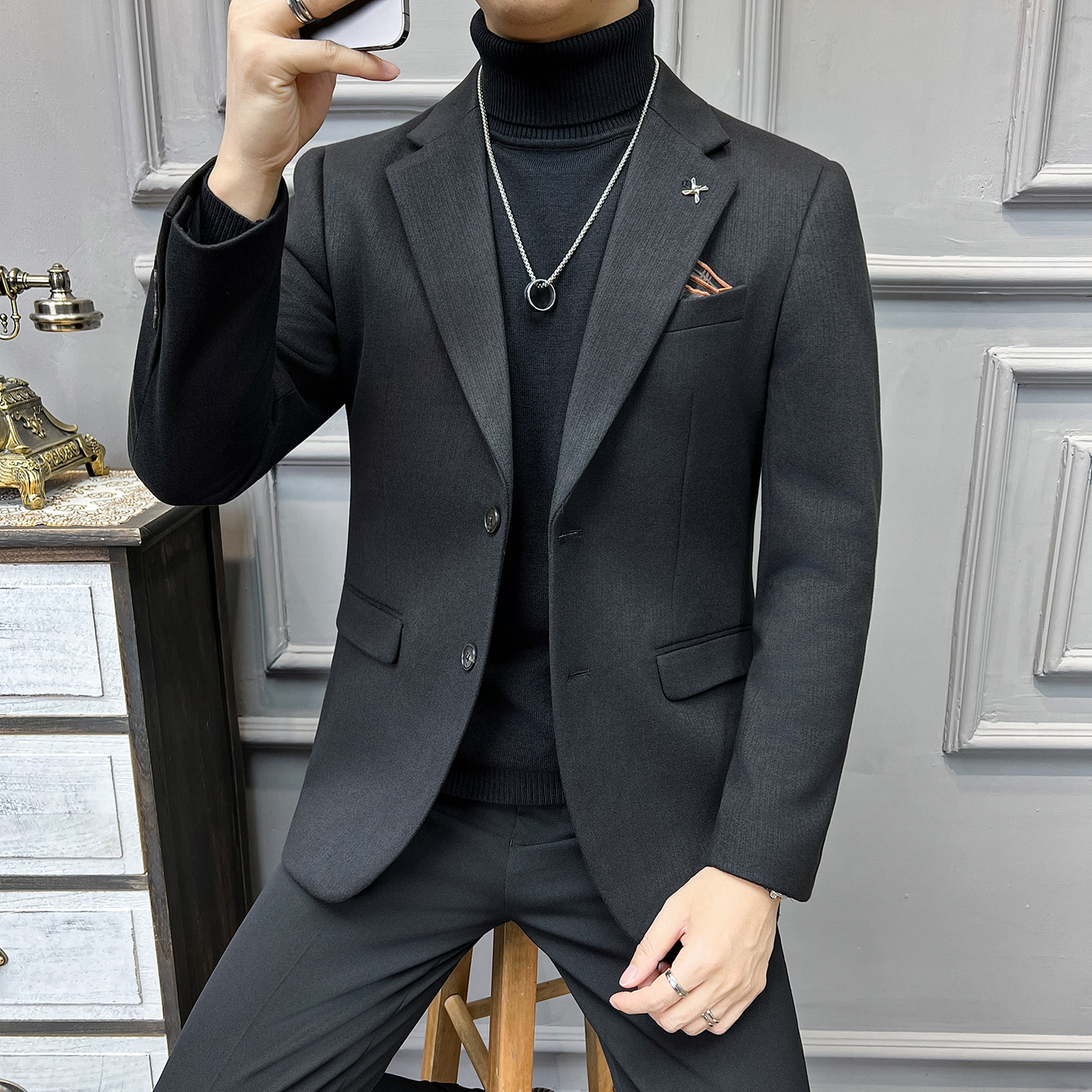 高品质毛呢加厚保暖西装男外套暗条纹灰色休闲西服DX6692-P155,男装西服套装,星座197