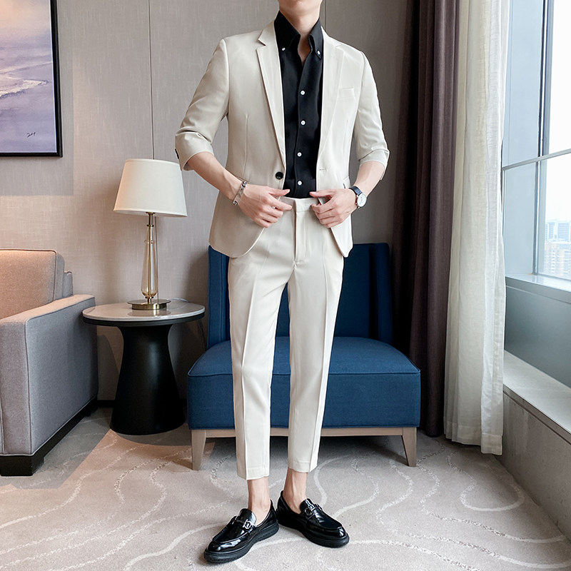 2024男士韩版修身九分裤中袖西装套装短袖西服潮LJT2205-P205