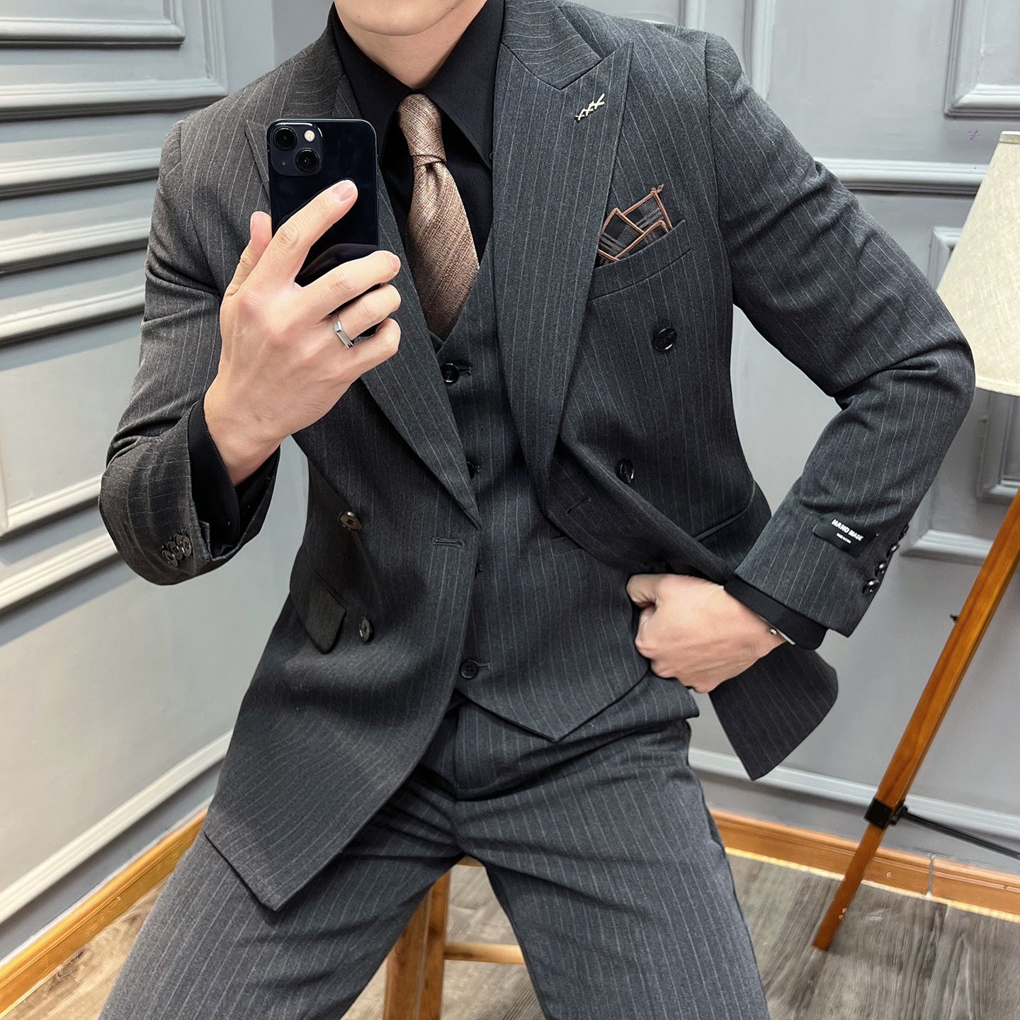 真袖叉双排扣条纹西装男套装商务结婚三件套黑色SJT2502-P280,男装西服套装,星座197