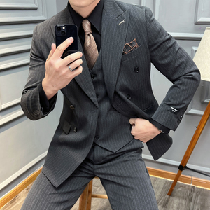 真袖叉 双排扣 条纹西装男套装商务结婚三件套 黑色 SJT2502-P280图片