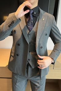 双排扣西装男套装男士修身条纹西服正装新郎结婚礼服SJT6667-P265图片