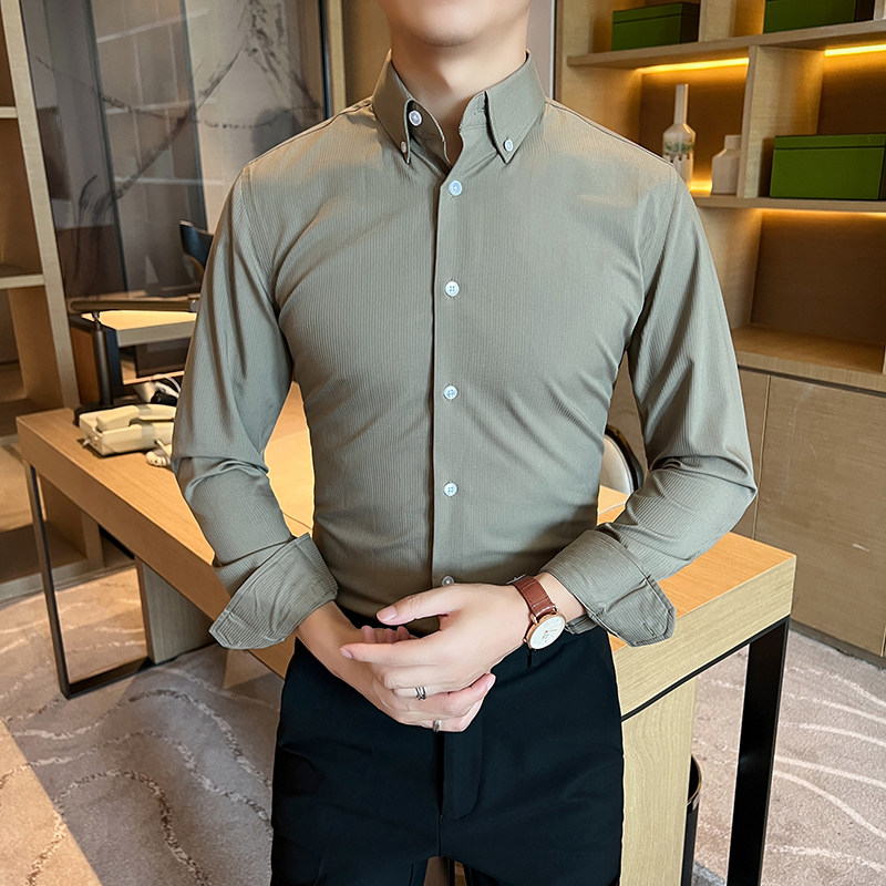 高品质定制面料痞帅细条纹白色男士扣领衬衣白色CS027-P88,男装衬衫,星座197