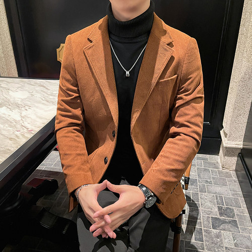 咖啡色冬季灯芯绒西装外套男士修身韩版西服厚款上衣DX8810-P155