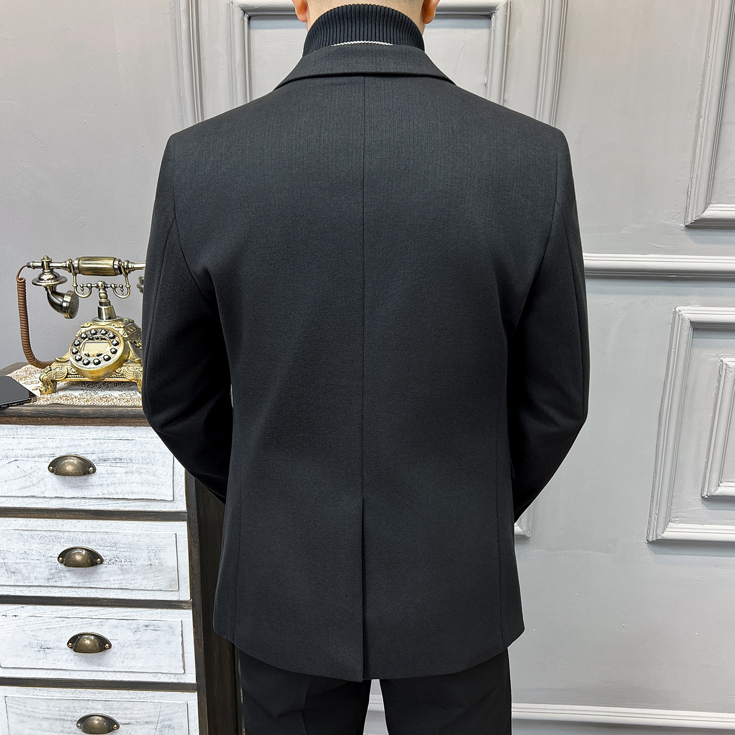 高品质毛呢加厚保暖西装男外套暗条纹黑色休闲西服DX6692-P155,男装西服套装,星座197