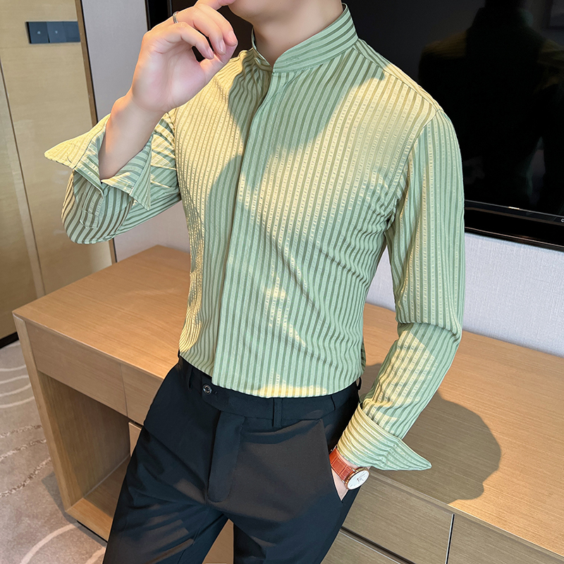 2025春夏潮流立领条纹衬衫男士长袖绿色新中式痞帅衬衣CS751-P75，男装衬衫，星座197