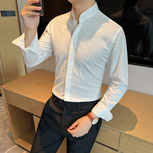 高品质 潮流立领条纹衬衫男士长袖白色新中式痞帅衬衣CS751-P78图片