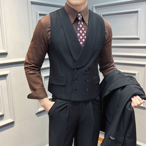 青果领双排扣马甲商务通勤新郎伴郎团橄榄绿 单件马甲 MJ5502-P60图片