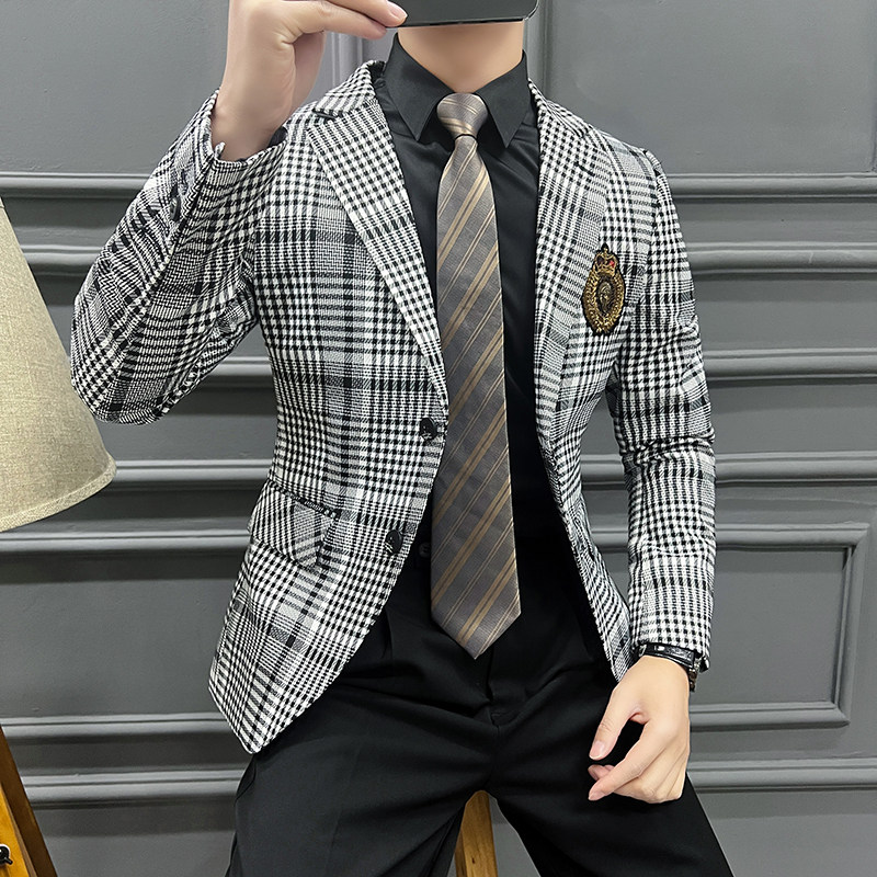 2025春装热卖长期做胸章网红格子修身小西装男外套DX127-P155,男装西服套装,星座197