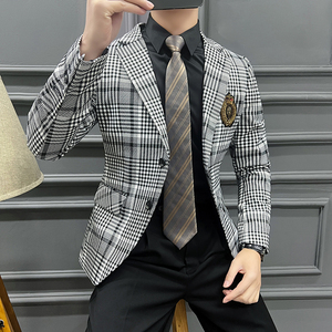 2025春装 热卖 长期做  胸章网红格子修身小西装男外套DX127-P155图片