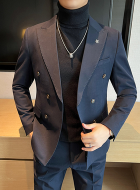 高品质   双排扣西装套装商务正装男二件套蓝色西服LJT5502-P230