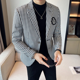 2025新款秋冬千鸟格休闲西服网红小西装胸章格子外套DX2207-P155，男装西服，星座197