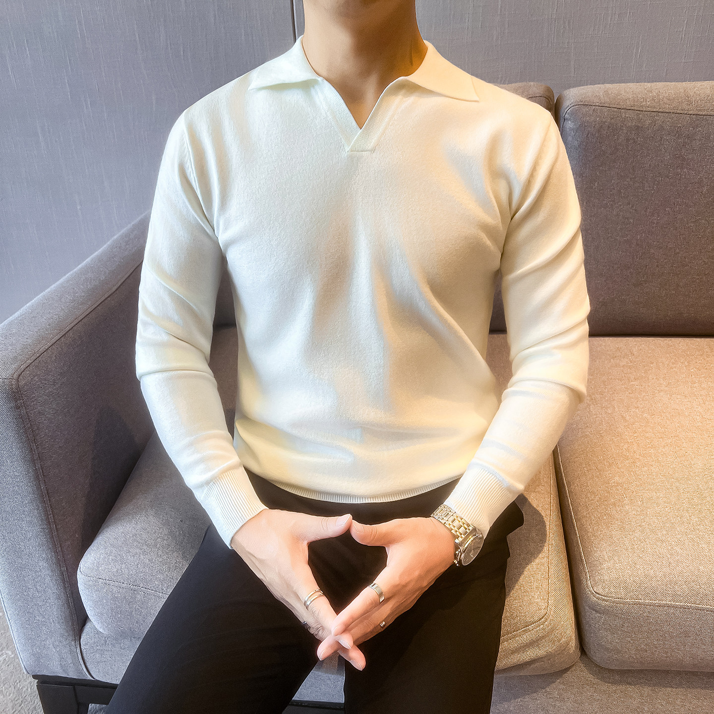 老钱风男士毛衣外套V领毛衣针织针织衫/毛衣