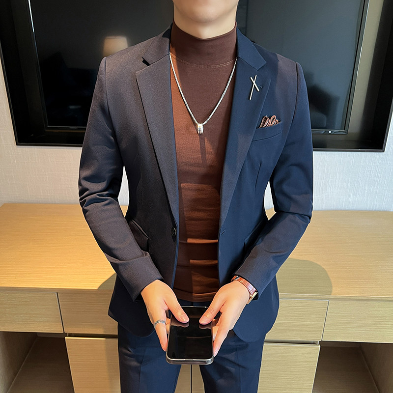 新款高品质修身大码一粒扣西装男套装深灰色二件套LJT2401-P170,男装西服套装,星座197