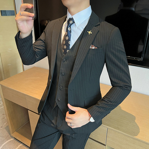一粒扣西装男套装男士修身条纹西服正装新郎结婚礼服SJT6668-P265图片