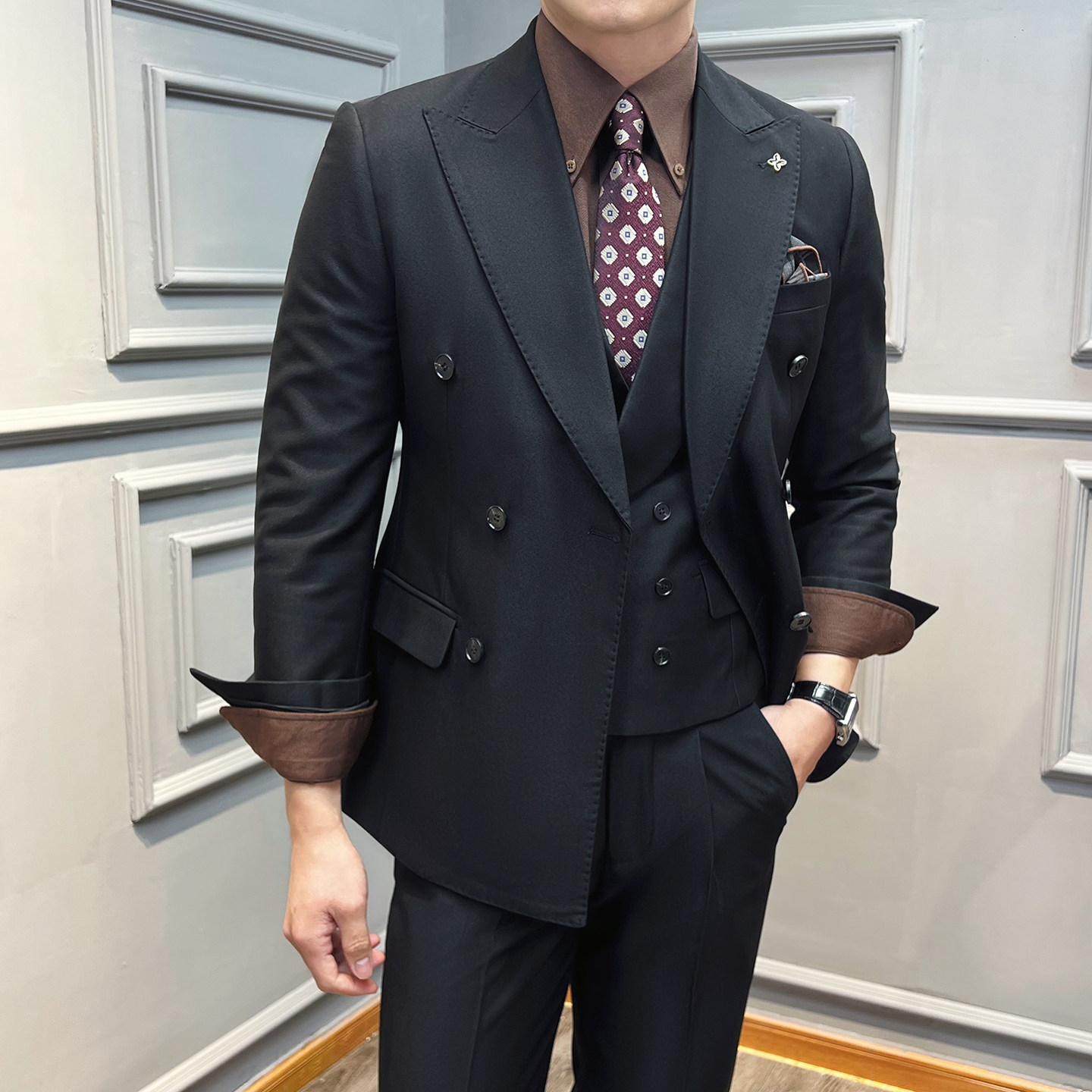 真袖叉双排扣纯色西装男套装商务结婚三件套杏色SJT5502-P280,男装西服套装,星座197