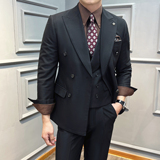 真袖叉双排扣纯色西装男套装商务结婚三件套杏色SJT5502-P280，男装西服套装，星座197