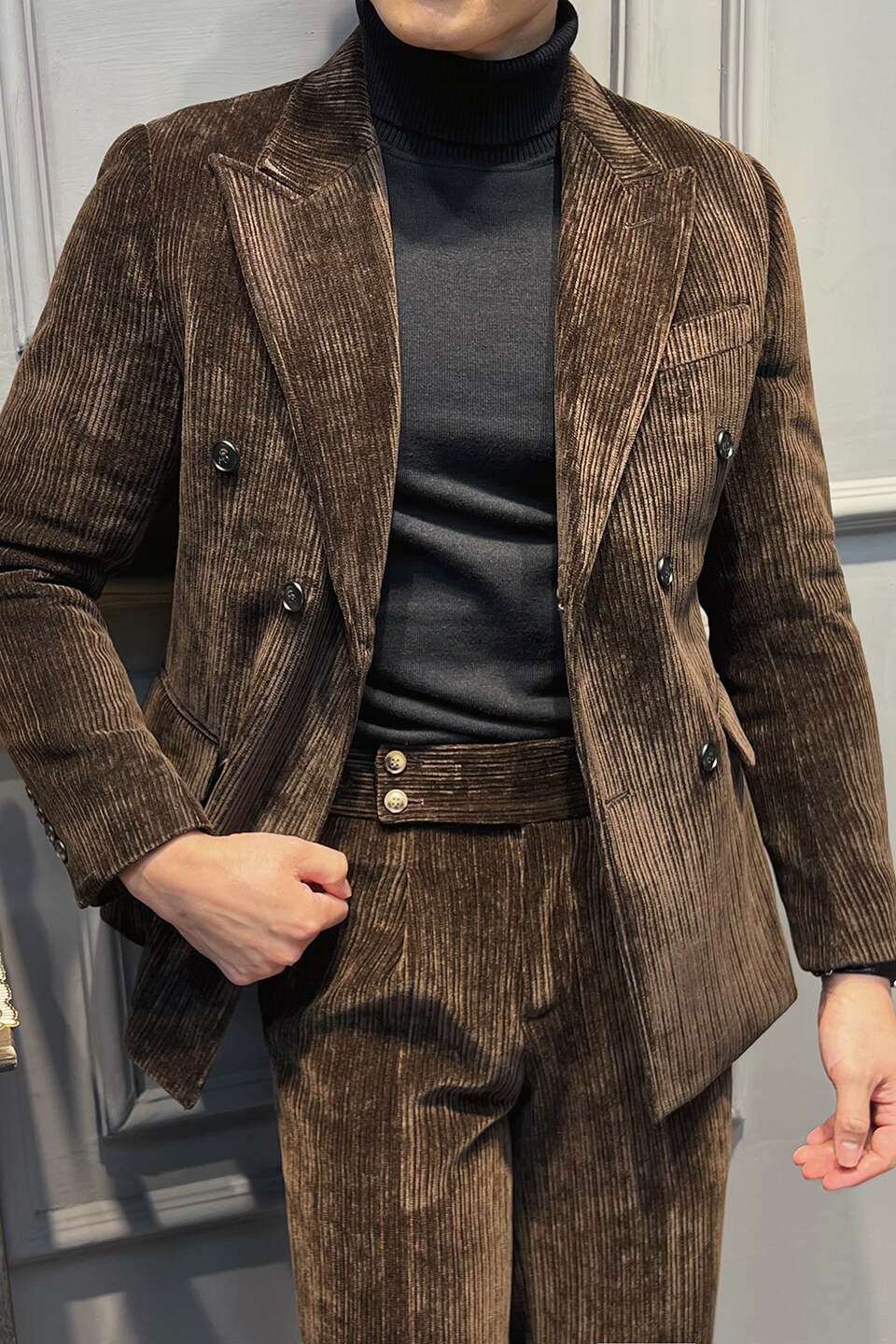 高品质雪尼尔双排扣加厚保暖西装男套装咖啡色LJT2405-P230,男装西服套装,星座197