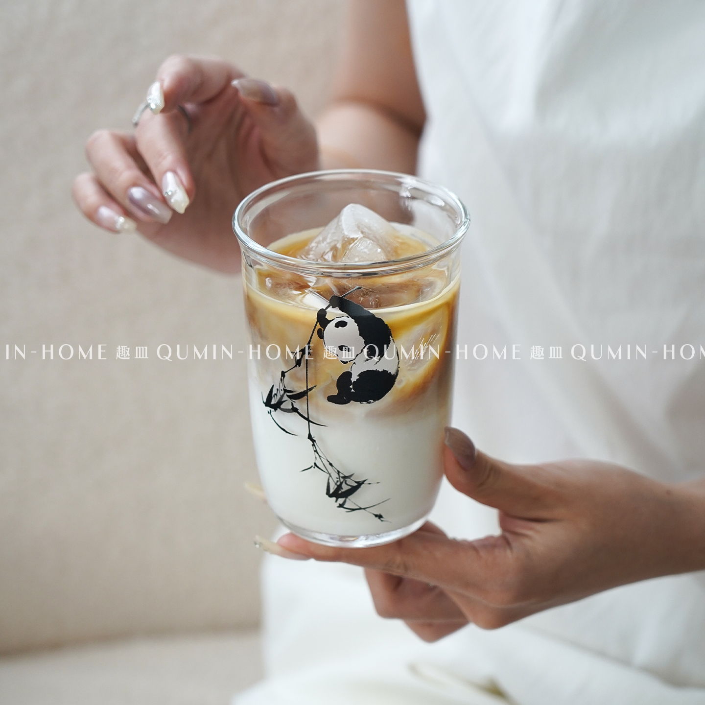 趣皿可爱水墨熊猫玻璃杯家用自制冰拿铁咖啡杯牛奶杯冷饮杯饮料杯