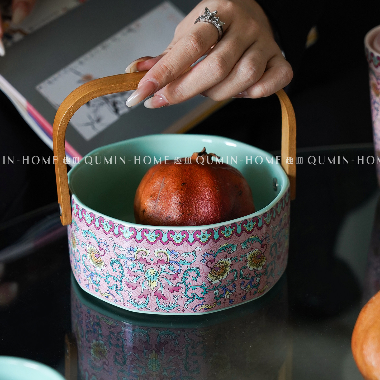 趣皿创意复古宫廷粉翠提篮家用茶几客厅陶瓷手提水果篮零食摆放盘,餐饮具,果盆/果盘/果篮,淘宝优惠券,粉丝福利购,淘宝优惠卷