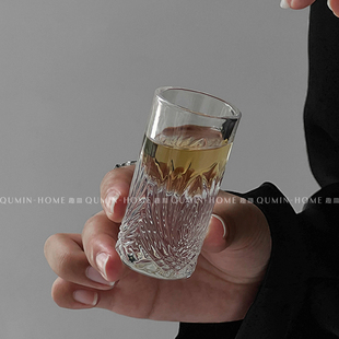 ins风复古浮雕玻璃杯拿铁杯冰美式杯子威士忌杯家用喝水饮料酒杯